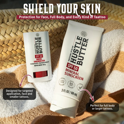 🔥LAST DAY SALE 50% OFF!!🔥 Hustle Butter Tattoo Sunscreen - Mineral Sunscreen Lotion, SPF 50, TSA-Friendly, Water Resistant, 3 oz