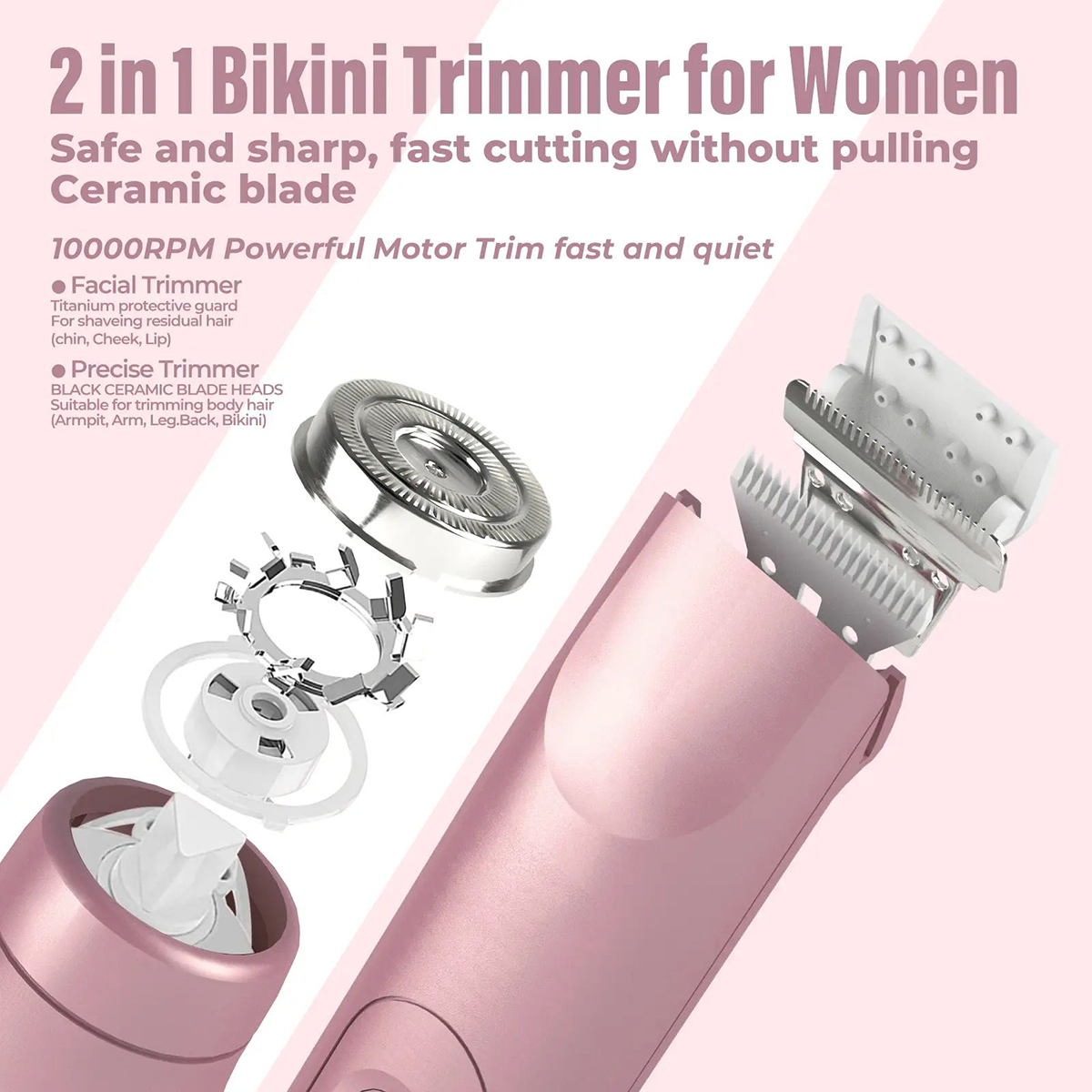 2-in-1 Waterproof Bikini & Body Trimmer for Women – Rechargeable Electric Shaver for Face, Underarms, Legs & Bikini Area